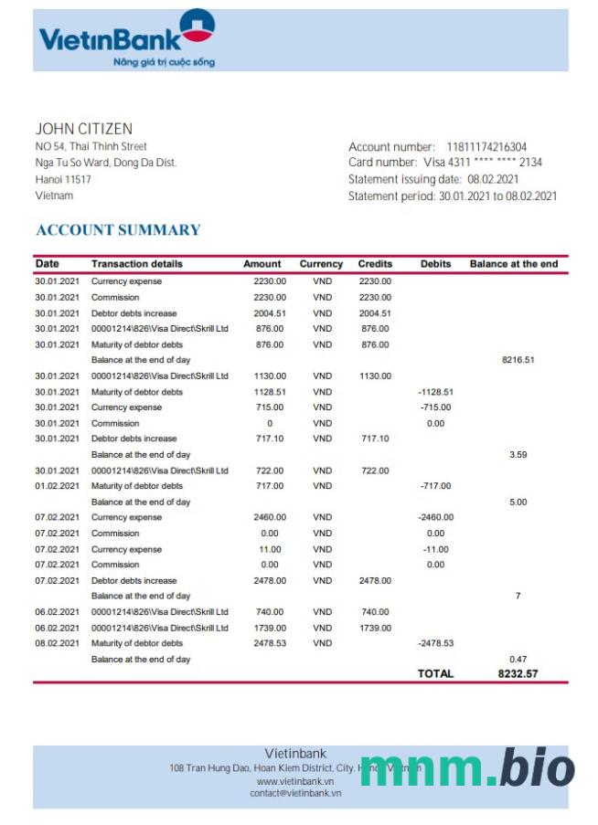 Szablon wyciągu Vietcombank w programie Word i PDF